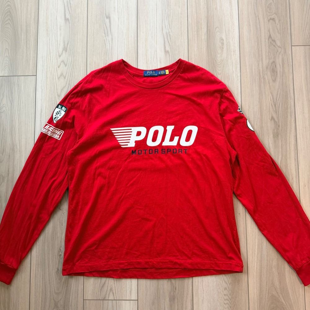 Polo Ralph Lauren Motorsport T-Shirt Mens L Red Long Sleeve Racing Graphic Tee